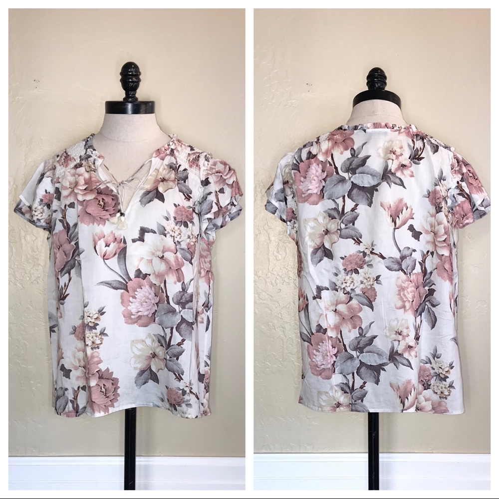 Paige Tie Neck Short Flounced Sleeve Top Medium